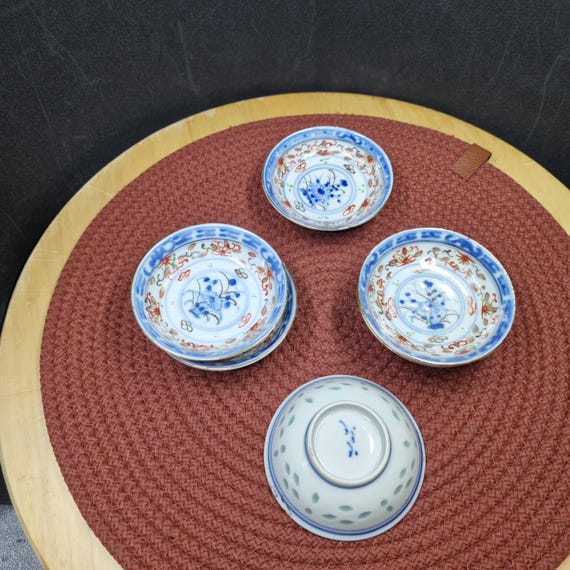 ヴィンテージ中国磁器網目模様ボウル：青と白の花柄、手描き - Etsy 日本