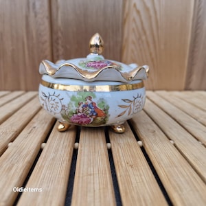 Vintage 7 oz Gold plated Versailles Porcelaine Candy Jar or Bonbonier, made in France with typical Versailles images