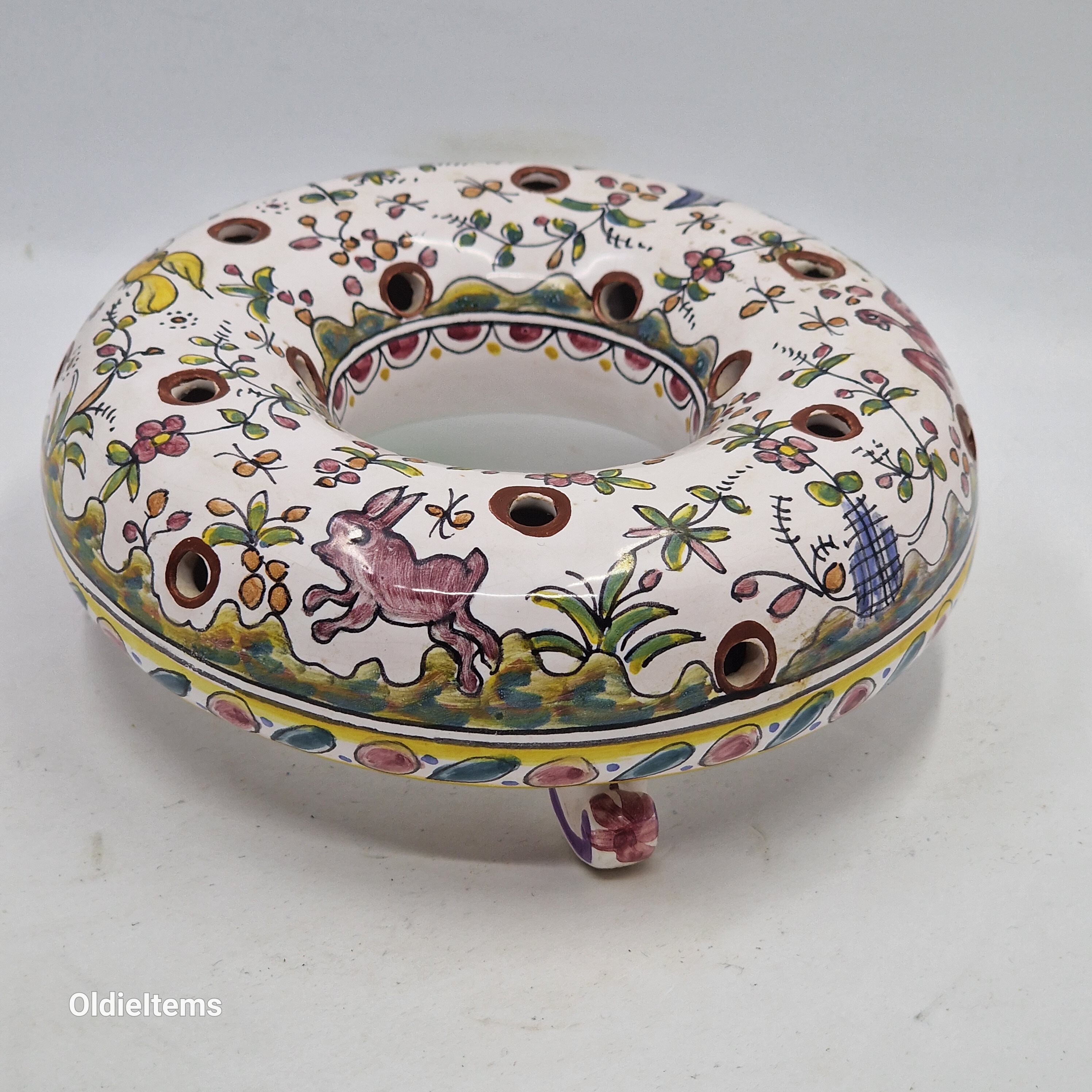 BERARDOS Hand Painted Ceramic Ring Vase featuring Animals, Flower, plants, birds, and animals design. Beautifully painted and coloorful!
