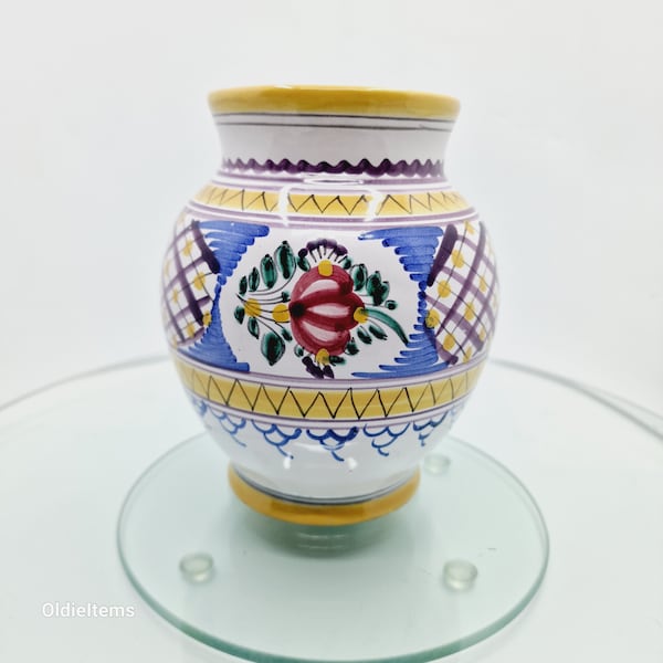 Vintage Slov Keramika Modra Handmade Handpainted Vase with Floral Motifs, 14 cm height, 12 cm width