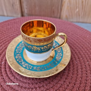 Vintage Gold Plated Bavaria Espresso Cup & Limoges Saucer: Golden Leaf Design