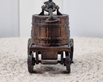 Vintage Miniature Metal Wine Press Barrel Pencil Sharpener on Wheeled Cart