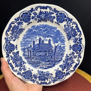 Könnte beinhalten: Weißer Keramikteller mit blau-weißem Transferdruck. Der Teller zeigt eine zentrale Szene mit einer Burg und einem Fluss, umgeben von floralen und scrollartigen Bordüren. Der Teller wird von einer Hand gehalten.
