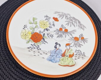 Assiette vintage chinoise de 21 cm 8,5 pouces avec des motifs floraux de geishas et une bordure orange, sans éclats ni fissures