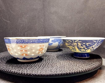 ヴィンテージ中国磁器網目模様ボウル：青と白の花柄、手描き - Etsy 日本