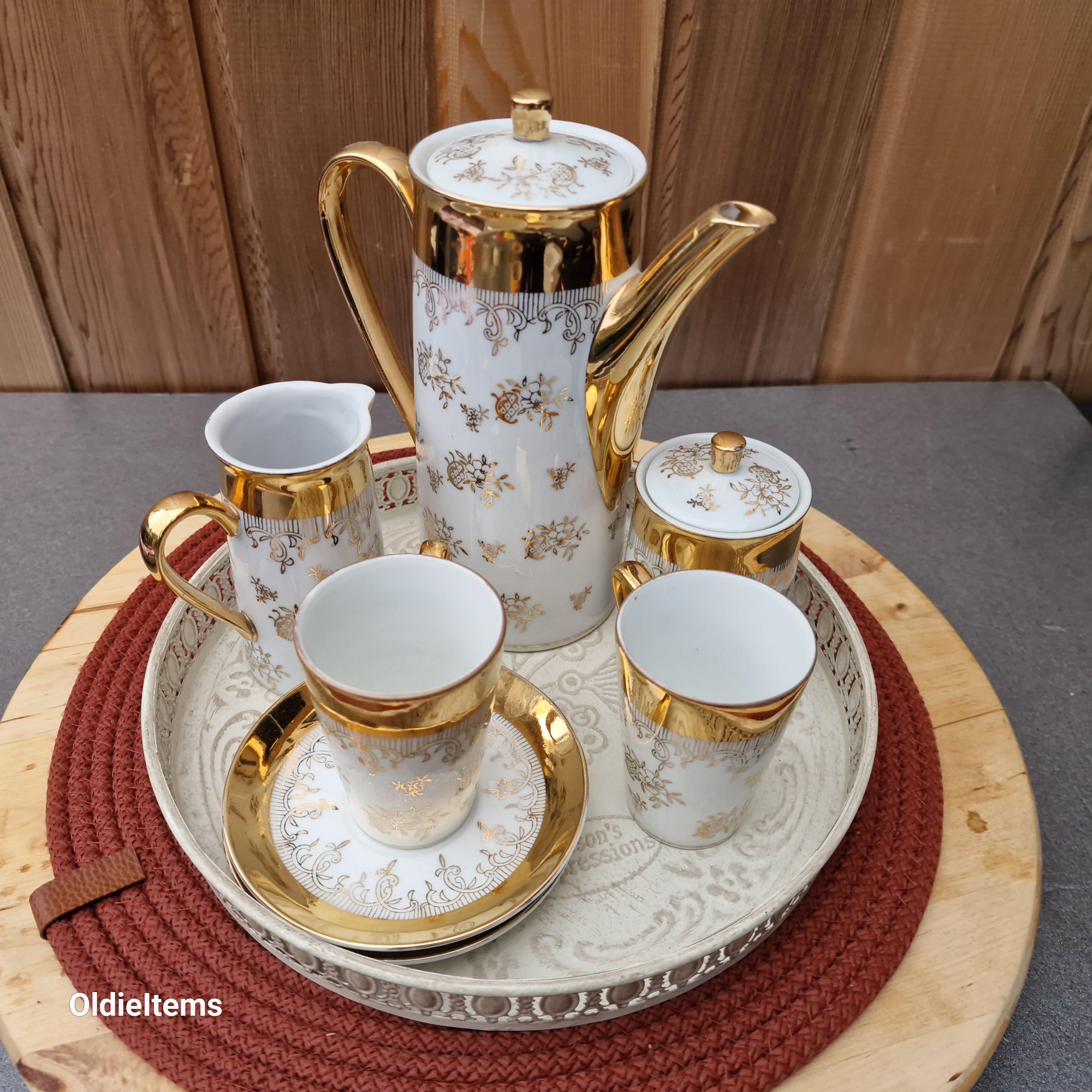 Vintage Okura Art China Tea Set: Gold Coated Teapot, Cups