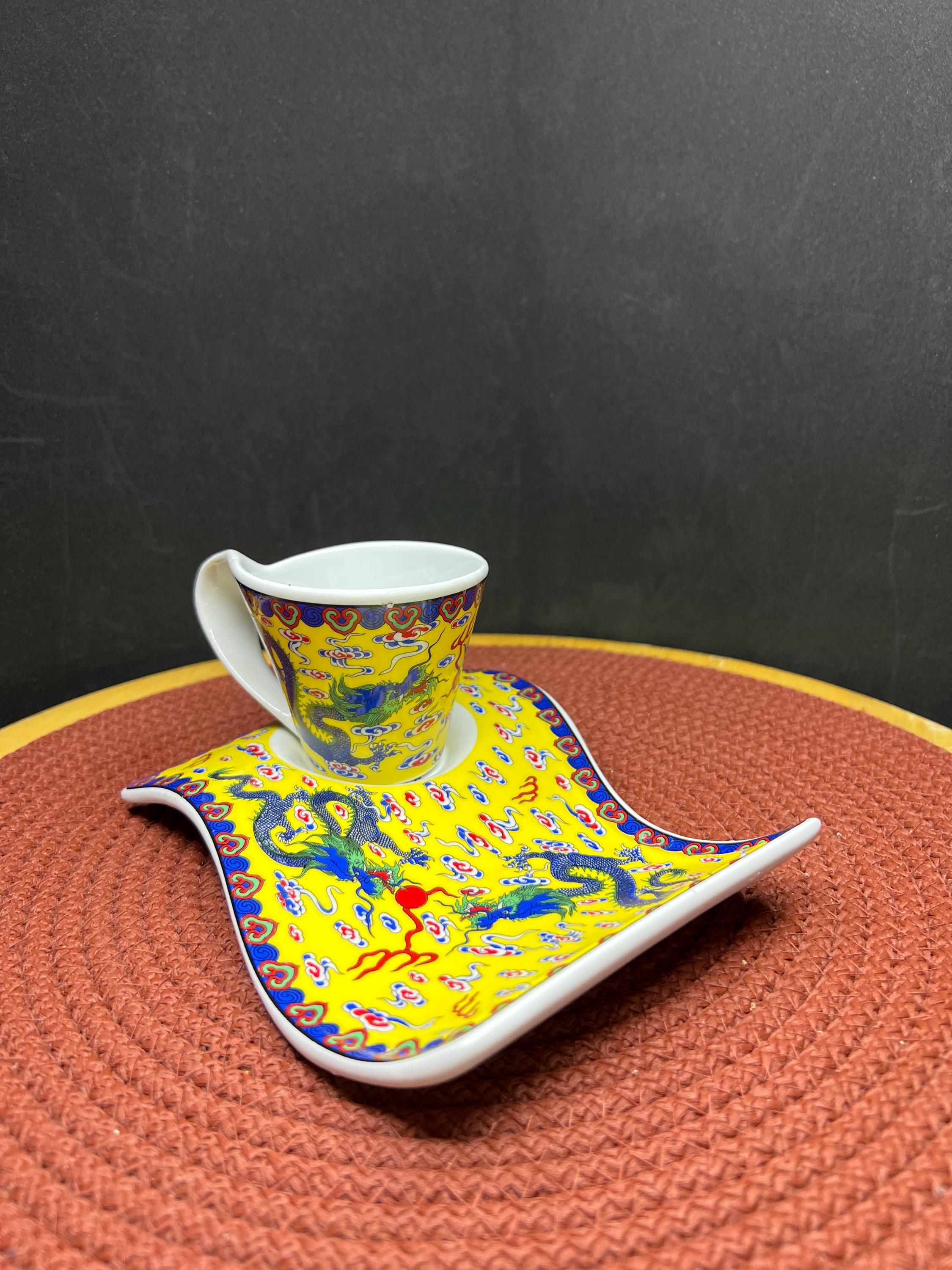 Vintage Chinese Dragon Cup & Saucer Set – Yellow Porcelain
