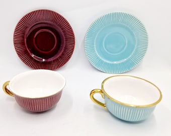 Red and Turquoise Tea Cup and Saucer Set (4 oz)