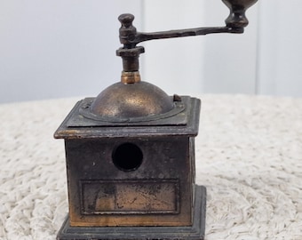 Vintage Bronze Coffee Grinder Pencil Sharpener - Miniature Hand-Crank Mill with Drawer 2.8" Tall