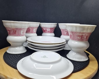 Juego de taza y platillo rojo Transferware de Heinrich Rüdesheim - Porcelana alemana