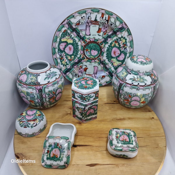 Sammlerstück Vintage Kantinen Medaillon Chinees Porzellan Familie Rose Grün Set