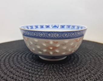 Vintage Soup Rice Bowl with Blue Flower Motifs