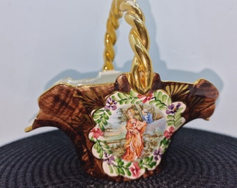 Vintage Porcelain Basket with European Painting Frame, inside Beige, outside Brown