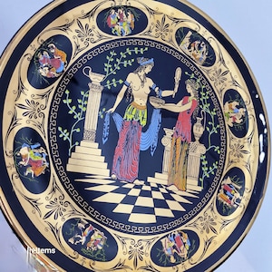 24 cm Vintage Adis 24 Karat vergoldete dekorative Souvenir griechische Platte mit goldener und schwarzer Farbe und bunt bemalten umlaufenden Rahmen
