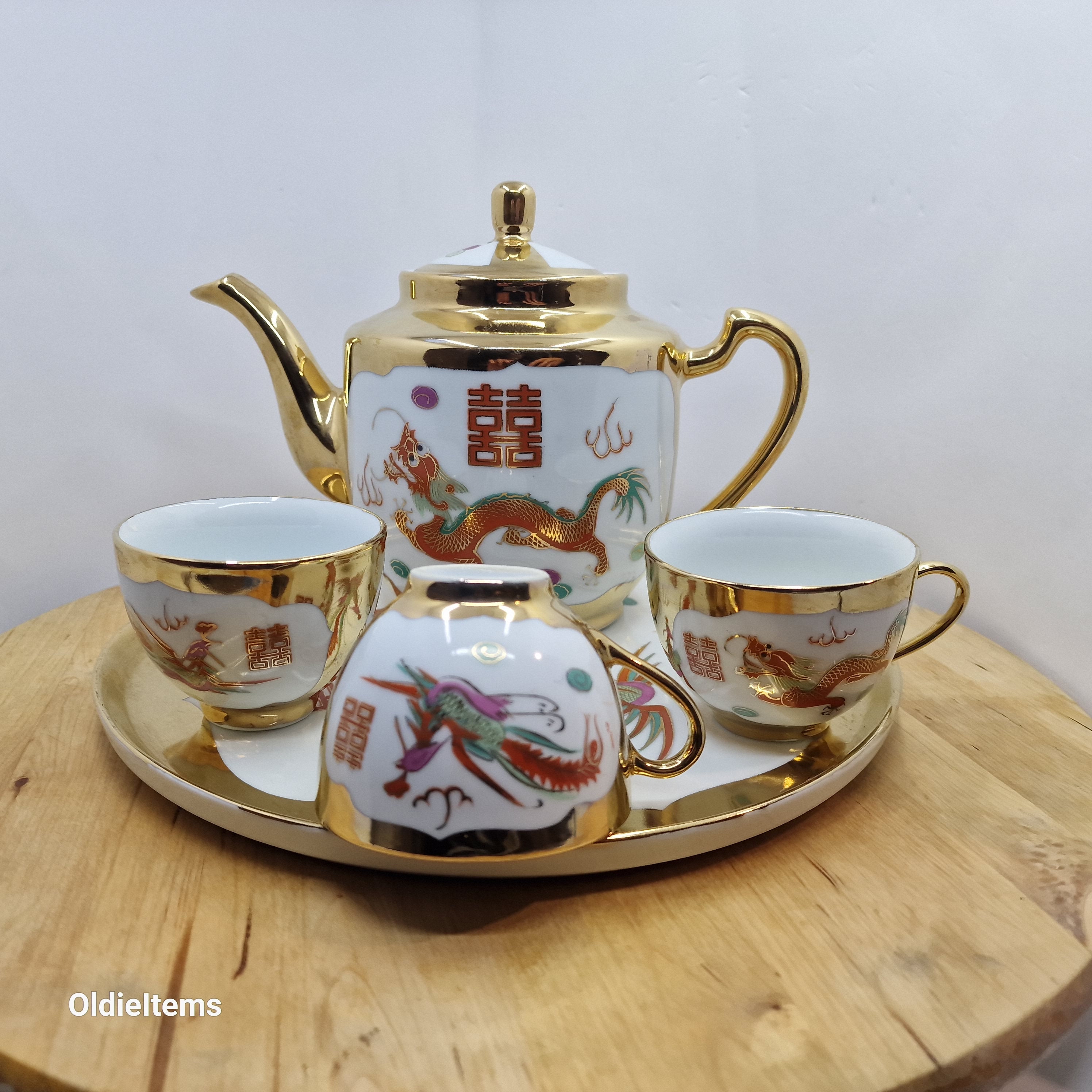Vintage Chinese Porcelain Tea Set Dragon & Phoenix Motif