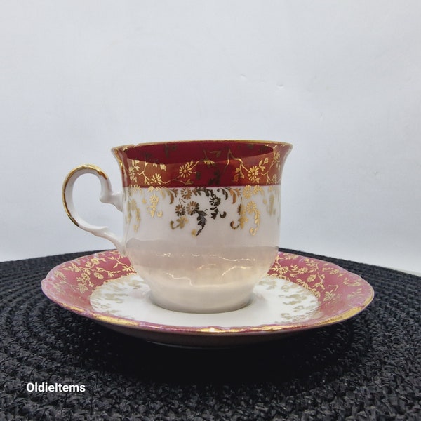 HK Bavaria Germany 24 K Gold Handarbeit Handwork 5 oz Cup and Saucer with Golden accents and European Couple Painting