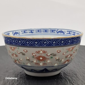 Vintage Chinese Rice Bowl with Spoon: Blue, Orange, and Green Floral Design