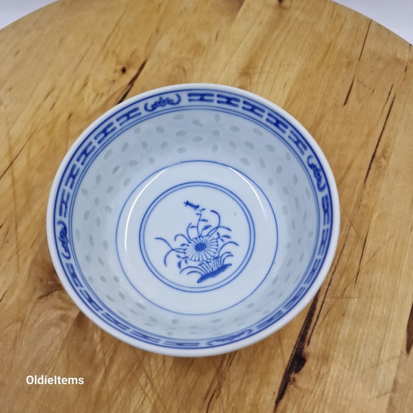 Chinese Rice Grain Blue Bowl with Flower Design, Price per one cup and one spoon
