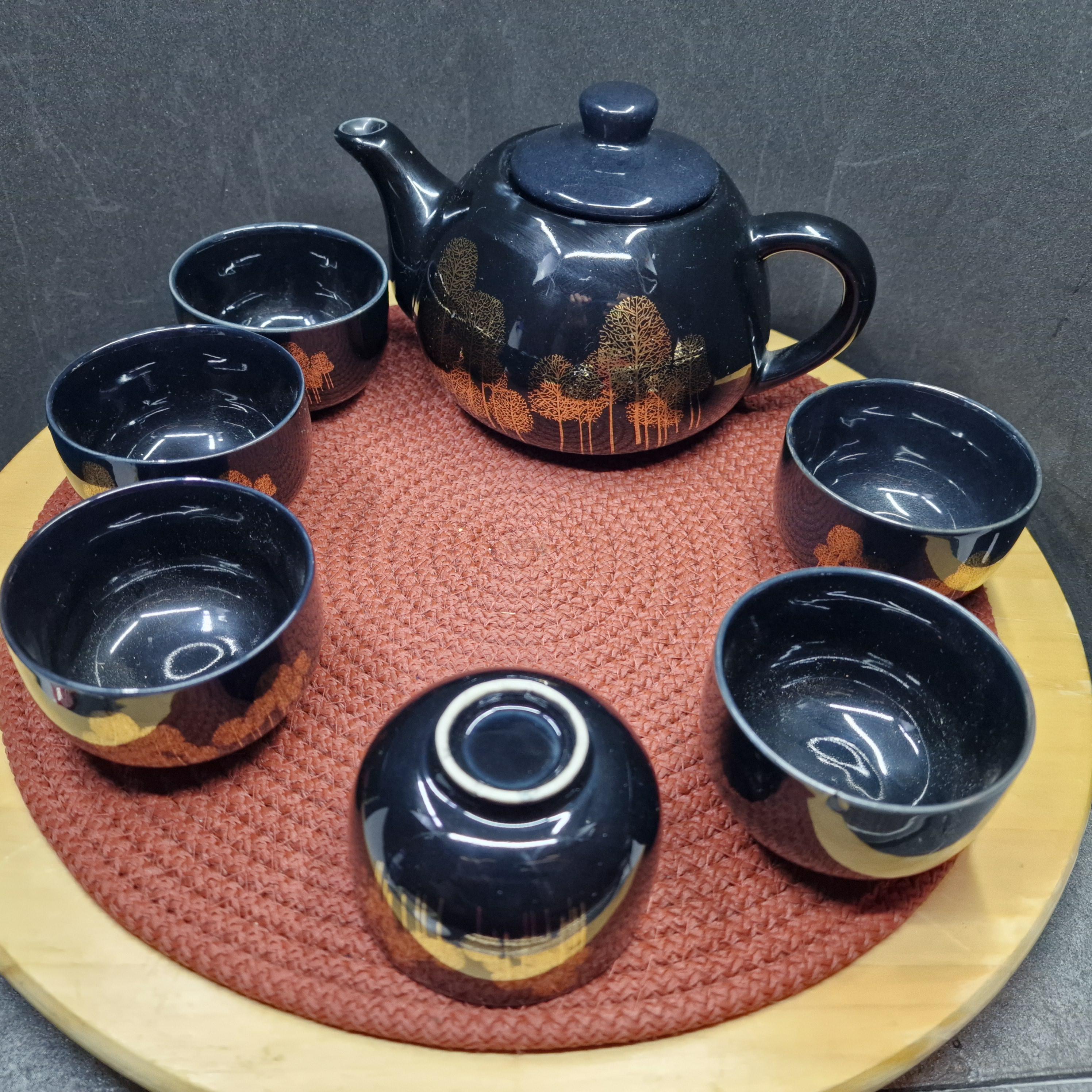 テクスチャー付き陶器ポット 黒金*3 ヴィンテージの日本のティーポットセット：金木犀の模様が入った黒陶器
