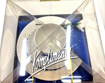 Vintage Friesland German Tea Cup Set: White Flower, Blue Handkerchief Gift Box