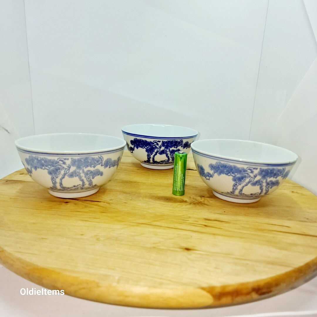 Set of 3 Chinese Soup Grain Rice Bowls With Tree Design With Dark Blue ...