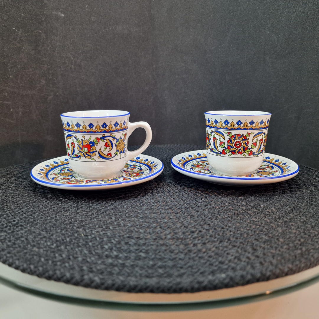 Vintage Kütahya Turkish Coffee Cup Set - Hand-painted Iznik Floral