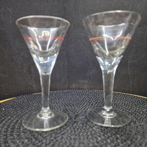 Vintage Etched Shot Glass Set | Mid-Century Modern Aperitif Glasses. A pair of vintage, clear glass stemmed shot or aperitif glasses.