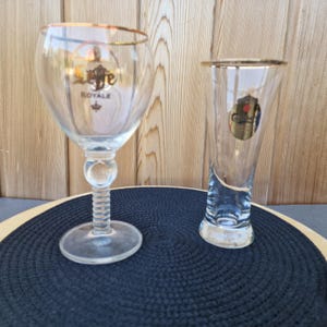 Two Types Beer Glasses, a 18 oz Leffe Royale Chalice Beer Glass, 1980s Belgian Abbey Goblet and a 10 oz Long Carlsberg Glass