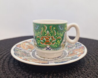 Vintage Demitasse Coffee Espresso Cup and Saucer with Peacock motif and colorful design