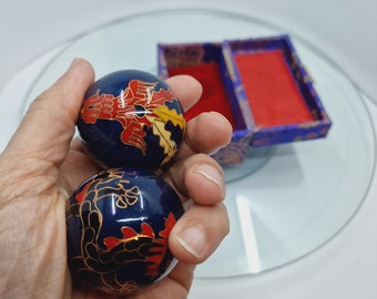 Vintage Chinese Massage Balls with Dragon and Phoenix Motifs and Inside Bells