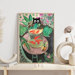 Henri Matisse Cat Print, Matisse Fish Bowl, Black Cat Art, Funny Cat print, famous paintings with cat, defaced painting, DIGITAL DOWNLOAD