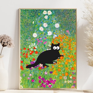 Klimt Cat House Print Poster, Gustav Klimt- Blumengarten 1907, Black Cat Art, Funny Cat print, beroemd schilderij met katten, Cat lover Gifts
