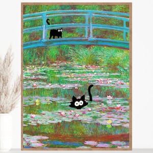 モネ猫プリントポスター、クロード・モネ睡蓮の池にかかる橋 1899、黒猫アート、面白い猫プリント、猫の有名な絵画、猫