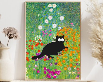 クリムトのリンゴの木の猫のプリント、クリムトの花の猫のポスター、黒