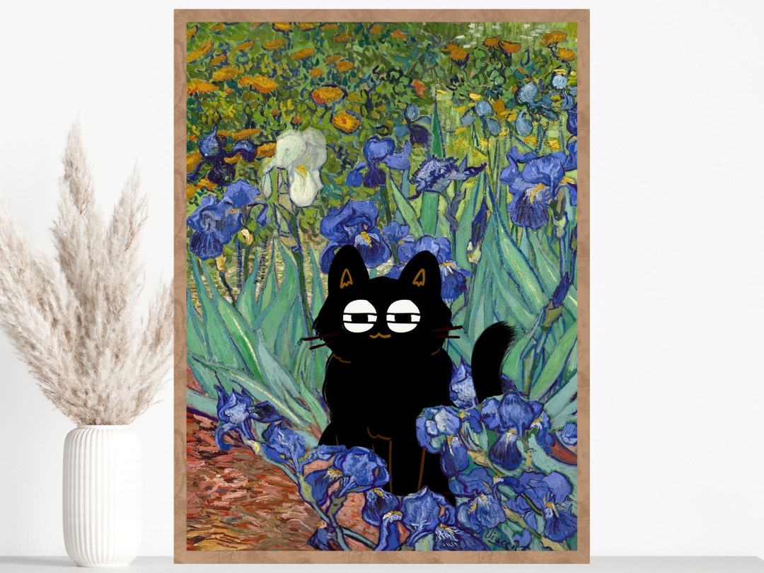 Vincent Van Gogh's Irises Cat Print, Irises 1889, Black Cat Art, Funny