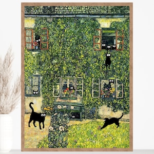 Klimt Cat House Print Poster, Gustav Klimt- House of Guardaboschi 1912, Black Cat Art, Funny Cat print, famous painting with cats, Cat Gifts