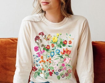 Wildblumen Langarm Komfort Farben T-Shirt, Floral Botanisches T-Shirt, Boho Cottagecore Ästhetik, bunte Geschenkblumen und Gartenliebhaber