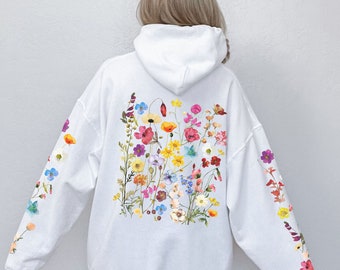 Wildflowers Hoodie, Boho Cottagecore Floral Hoodie, Botanical Flowers Hooded Sweatshirt, Nature Pullover, Flower Lover Gift, Printed Sleeves