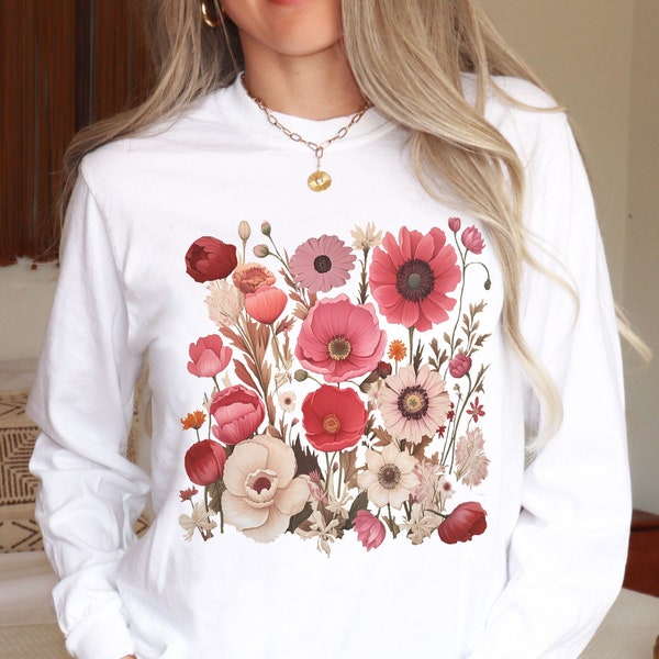 Vintage Pressed Flowers Long Sleeve T-Shirt, Boho Wildflowers Shirt, Cottagecore Floral Shirt, Nature Tee, Botanical Tee, Garden Lover Shirt