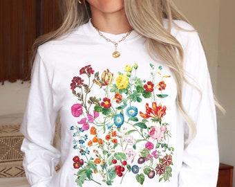 Boho Wildblumen T-Shirt, Cottagecore Langarm Shirt, Natur Shirt, ästhetisches botanisches Shirt, Geschenk Garten Liebhaber, Herbst Herbst Blumen Shirt