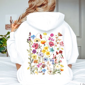 Sudadera con capucha de flores prensadas, jersey con estampado floral botánico estilo bohemio Cottagecore, sudadera con capucha de flores silvestres, regalo vintage para amantes de las flores, sudadera con capucha de naturaleza