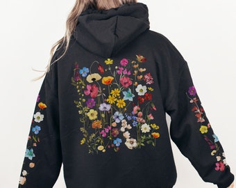 Wildflowers Hoodie, Boho Cottagecore Floral Hoodie, Botanical Flowers Hooded Sweatshirt, Nature Pullover, Flower Lover Gift, Printed Sleeves
