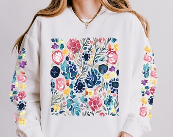 Cotton Wildflowers Sweatshirt, Spring Summer Floral Sweater, Boho Flowers Shirt, Hippie Nature Pullover, Flower Lover Gift, Printed Sleeves