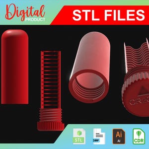 May include: Four red 3D printed STL files. The files are for a cylindrical tube, a tube with a cap, a tube with a cap and a grid pattern, and a tube with a cap and a wavy pattern. The text "CR2032" is printed on the cap of one of the tubes.