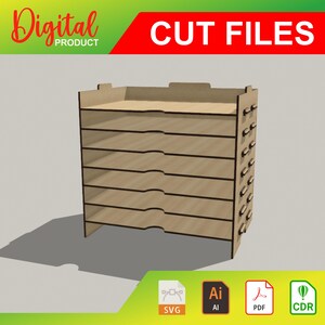 May include: Digital cut files for a wooden file organizer with six shelves. The organizer is made of light brown wood and has a shadow underneath. The files are available in SVG, AI, PDF, and CDR formats.