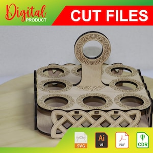 May include: A wooden drink holder with a Celtic knot design. The holder has a handle and six slots for glasses. The holder is made of light brown wood and has a natural finish. The image includes the text "CUT FILES" and icons for SVG, AI, PDF, and CDR.