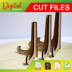 May include: Four wooden picture stands of varying sizes, with a light brown finish. The stands are arranged in a row on a light wood surface. The image includes the text "CUT FILES" in black text on a red background and "Digital PRODUCT" in white text on a green background.