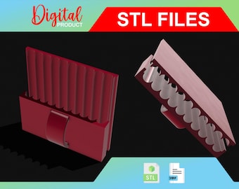 May include: Two 3D printed models of a red object with a ribbed texture. The models are labeled "STL FILES" and are available for download as STL and 3MF files.