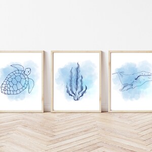 Set of 3 Sealife Prints A4 A3 | Sea Whale Turtle Childrens Bedroom Nursery Blue Kids Bathroom Minimalistic