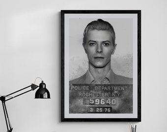 Mug Shot Poster Size Prints of David Bowie Large Print or Canvas Wall Decor, Photography, Modern (Framed /Unframed and Mat/No Mat)